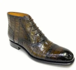 Burnished Alligator Lace-Up Cap-Toe Boot Brown
