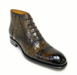Burnished Alligator Lace-Up Cap-Toe Boot Brown