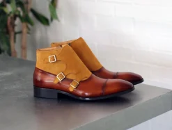 Burnished Calfskin & Suede Slip-On Chukka Boot Cognac