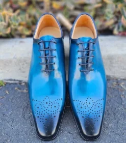 Burnished Calfskin Lace-Up Oxford Ocean Blue