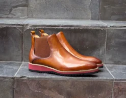 Burnished Calfskin Slip-On Boot Cognac/Red Sole