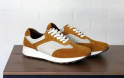 Calfskin & Suede Lace-Up Sneaker Gold/Bone