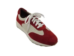 Calfskin & Suede Lace-Up Sneaker Red/Bone