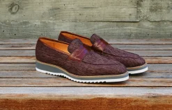 Canvas & Calfskin Slip-On Penny Loafer Brown