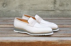 Canvas & Calfskin Slip-On Penny Loafer Cream