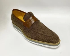 Canvas & Calfskin Slip-On Penny Loafer Brown