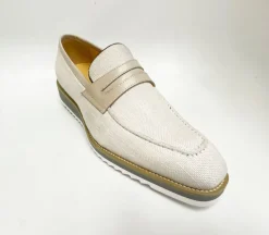 Canvas & Calfskin Slip-On Penny Loafer Cream