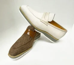 Canvas & Calfskin Slip-On Penny Loafer Cream