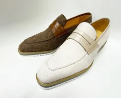 Canvas & Calfskin Slip-On Penny Loafer Cream