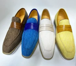 Canvas & Calfskin Slip-On Penny Loafer Cream