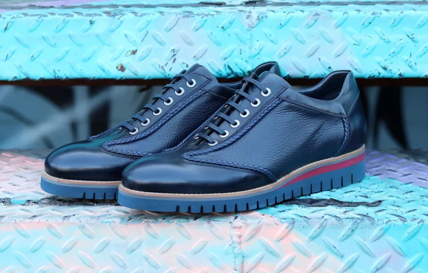 Corrente Calfskin & Deerskin Lace-Up Oxford Navy