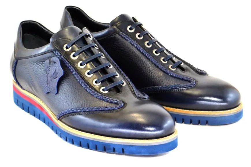 Corrente Calfskin & Deerskin Lace-Up Oxford Navy