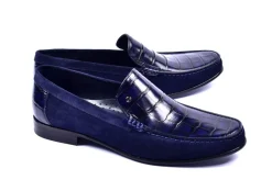 Corrente Crocodile Embossed Calfskin & Suede Loafer Navy