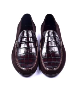 Corrente Crocodile Embossed Calfskin & Suede Loafer Brown