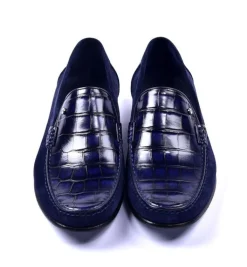 Corrente Crocodile Embossed Calfskin & Suede Loafer Navy