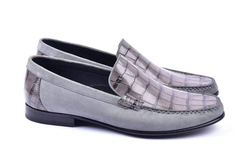 Corrente Crocodile Embossed Calfskin & Suede Loafer Grey
