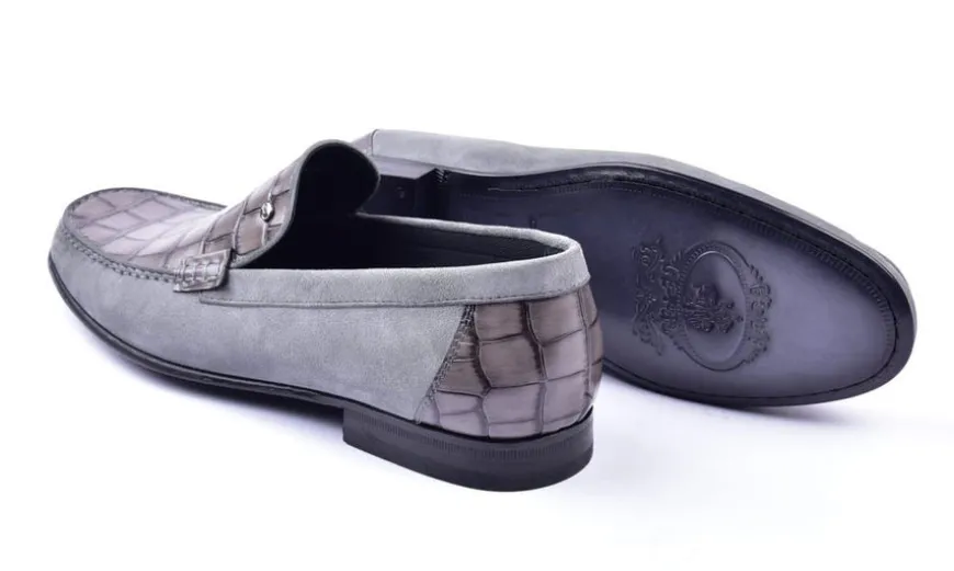Corrente Crocodile Embossed Calfskin & Suede Loafer Grey