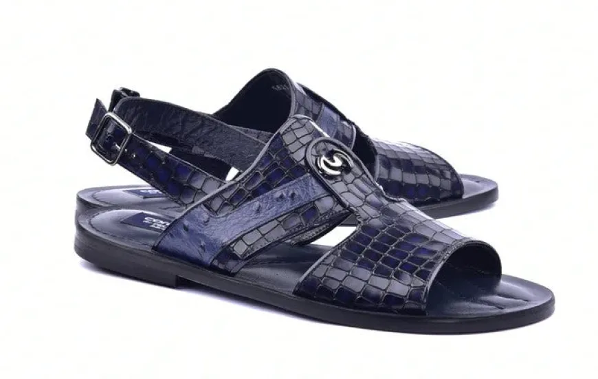 Corrente Crocodile Printed Calfskin Sandal Navy