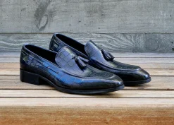 Crocodile Embossed Calfskin Slip-On Loafer Navy
