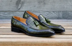 Crocodile Embossed Calfskin Slip-On Loafer Olive