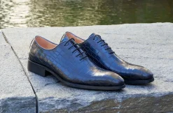 Crocodile Embossed Calfskin Lace-Up Oxford Navy