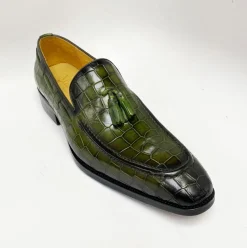 Crocodile Embossed Calfskin Slip-On Loafer Olive
