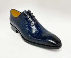 Crocodile Embossed Calfskin Lace-Up Oxford Navy