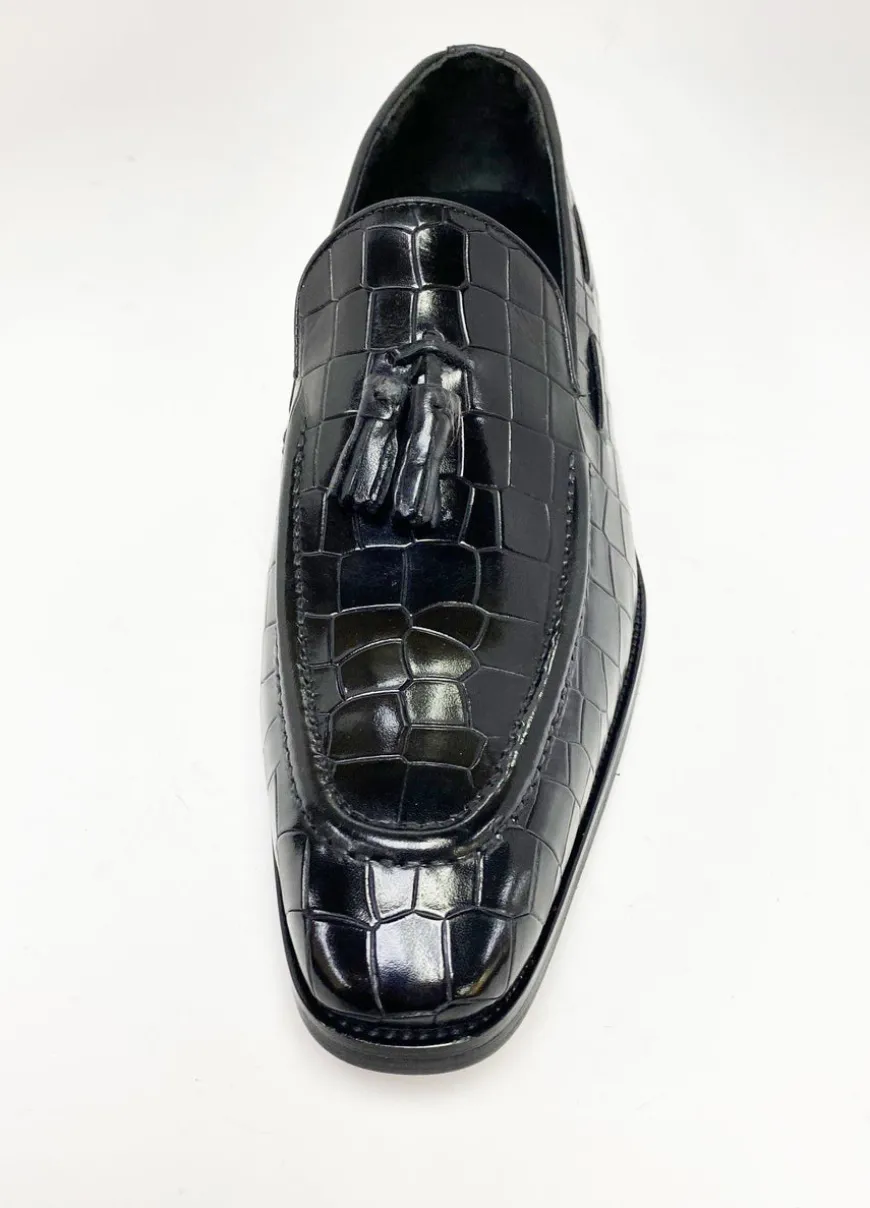Crocodile Embossed Calfskin Slip-On Loafer Black