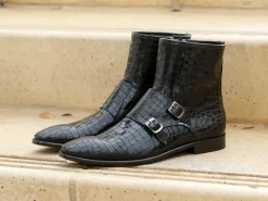 Crocodile Printed Calfskin Slip-On Boot Black