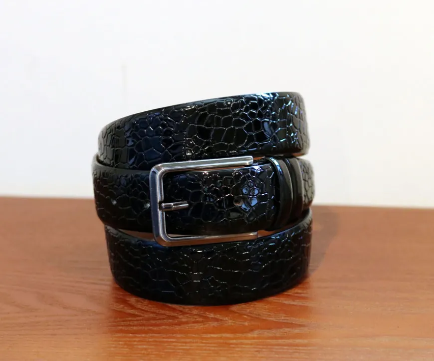 Crocodile Printed Leather Belt Black