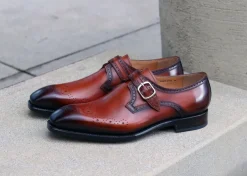 Eric Burnished Calfskin Monkstrap Shoe Caramel