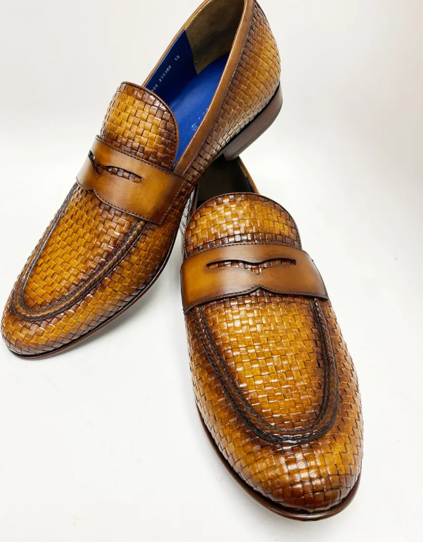Jean Pierre Woven Calfskin Penny Loafer Camel