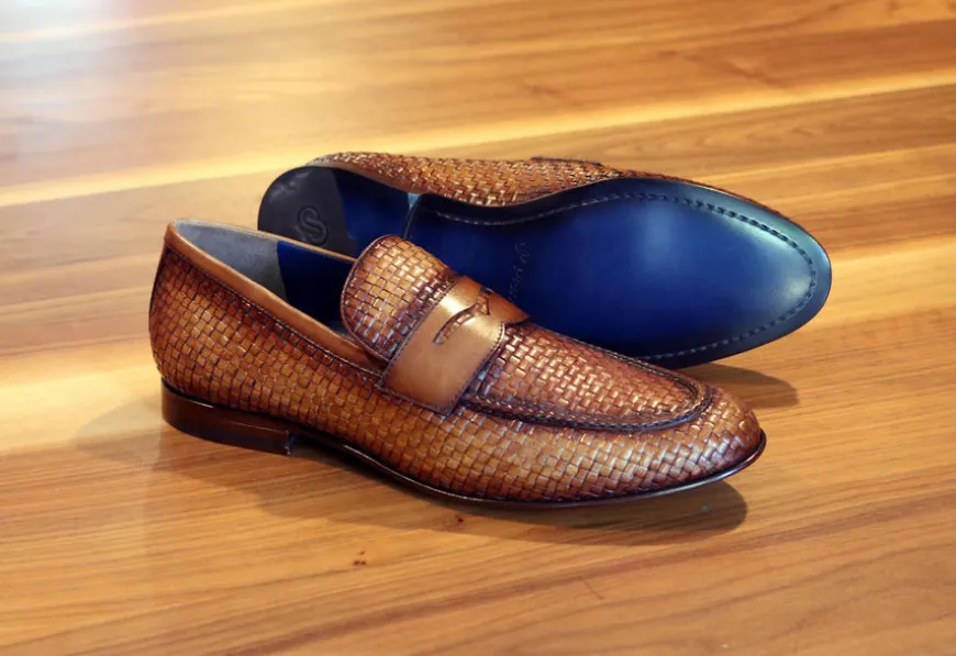 Jean Pierre Woven Calfskin Penny Loafer Camel