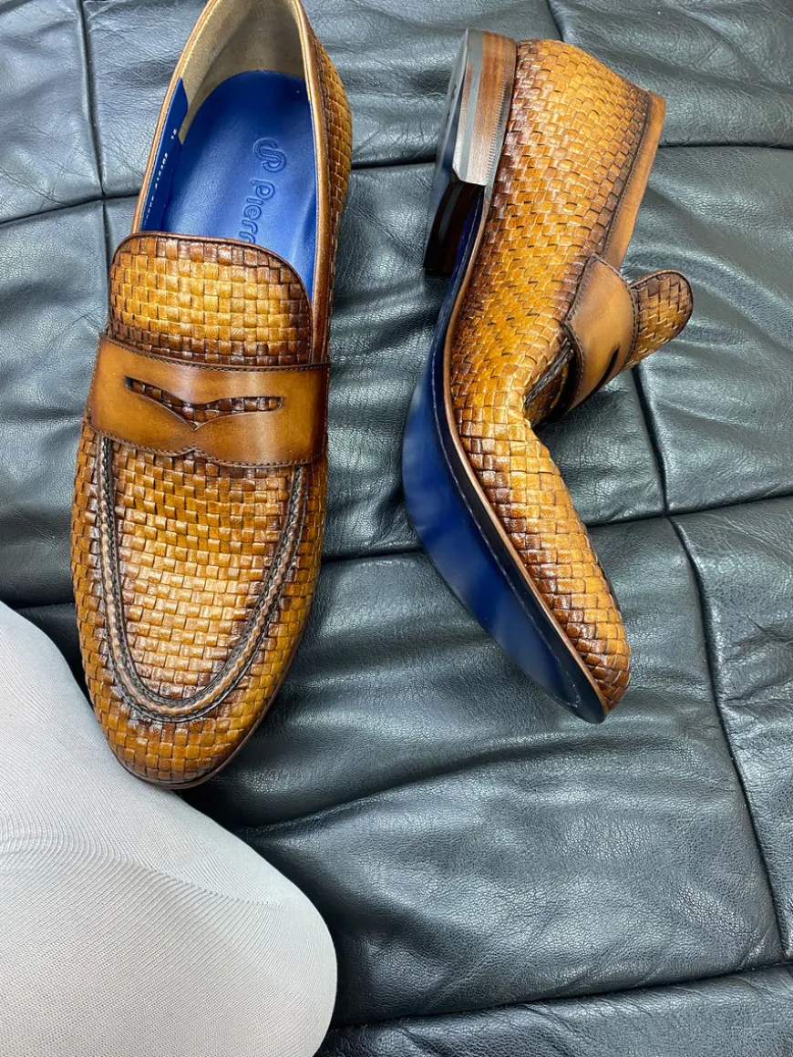 Jean Pierre Woven Calfskin Penny Loafer Camel