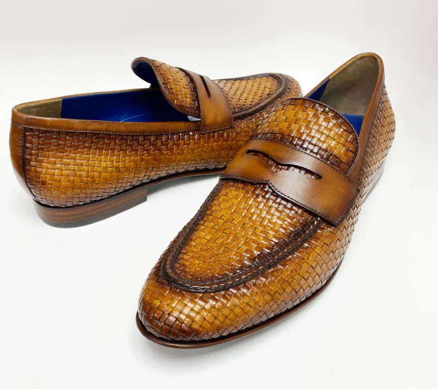 Jean Pierre Woven Calfskin Penny Loafer Camel