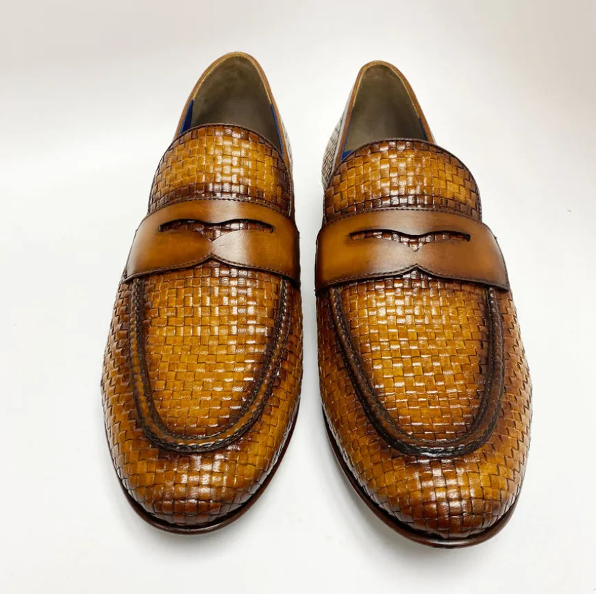 Jean Pierre Woven Calfskin Penny Loafer Camel