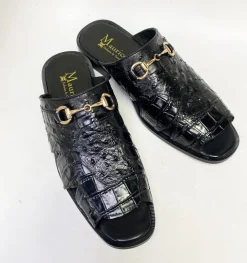 Maurice Embossed Calfskin Slip-On Sandal Black