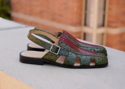 Maurice Embossed Calfskin Slip-On Back-Strap Sandal Green/Red
