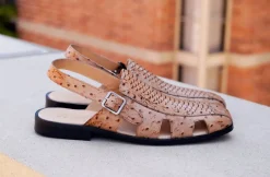 Maurice Embossed Calfskin Slip-On Back-Strap Sandal Camel