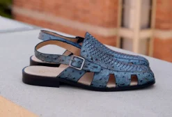 Maurice Embossed Calfskin Slip-On Back-Strap Sandal Blue