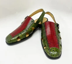 Maurice Embossed Calfskin Slip-On Back-Strap Sandal Green/Red