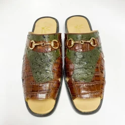 Maurice Embossed Calfskin Slip-On Sandal Brown/Olive