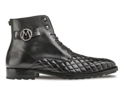 Mezlan Quilted Calfskin Lace-Up Boot Black