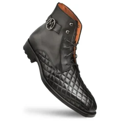 Mezlan Quilted Calfskin Lace-Up Boot Black