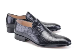 Pelle Crocodile Embossed Calfskin Slip-On Loafer Black