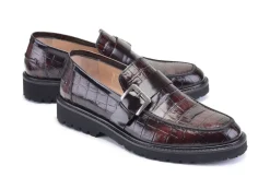 Pelle Crocodile Embossed Calfskin Slip-On Loafer Brown