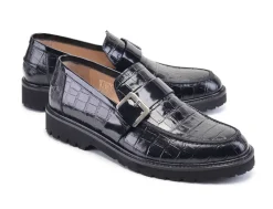 Pelle Crocodile Embossed Calfskin Slip-On Loafer Black