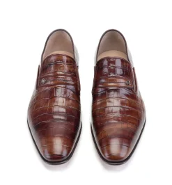 Pelle Crocodile Embossed Calfskin Slip-On Loafer Brown