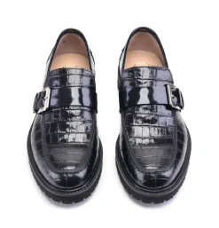 Pelle Crocodile Embossed Calfskin Slip-On Loafer Black