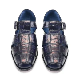 Pelle Crocodile Printed Calfskin Sandal Blue